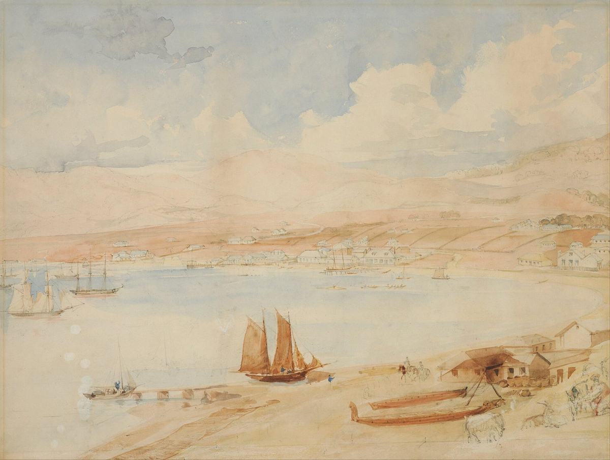 Watercolour sketch of Wellington Harbour in the 1840s, with a sailing boat in the foreground