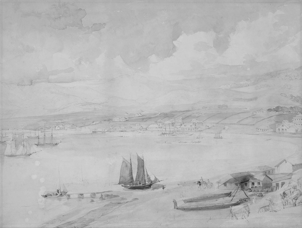 Sketch of Wellington Harbour in the 1840s, with a sailing boat in the foreground