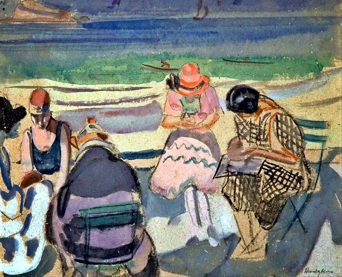 Watercolour of a painting class sitting on a beach, wearing hats and summer dresses