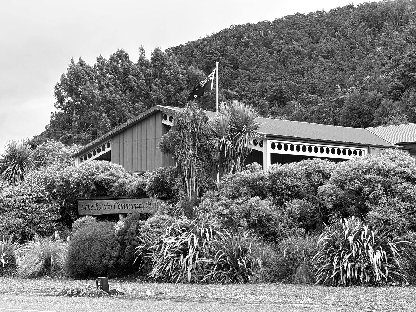 A timber community hall with a verandah, behind flax and cabbage trees